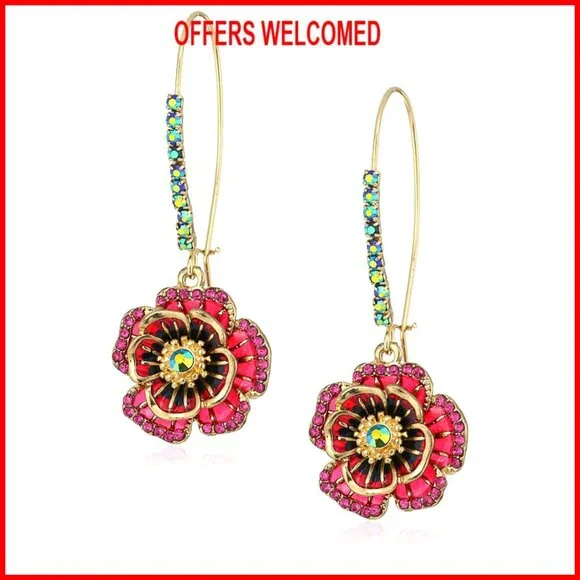 Gold-Tone Floral Drop Earrings with Crystals, Lightweight Hypoallergenic - Picture 1 of 4